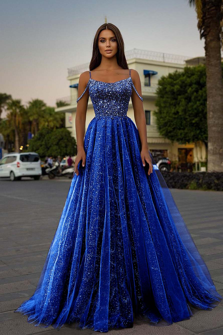 Daisda Tulle A-Line Long Spaghetti-Straps Prom Dress With Sequins Beads