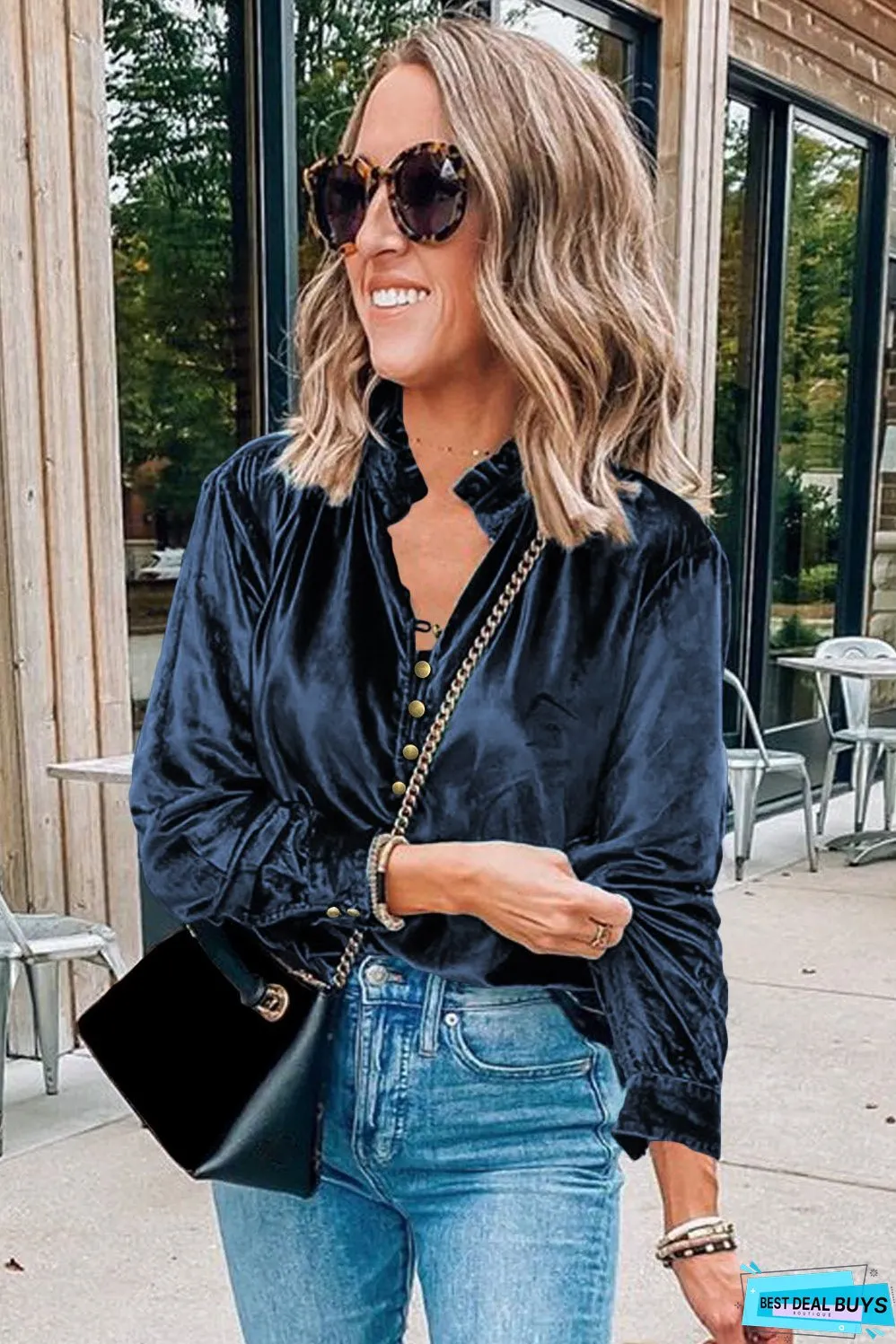 Frill Half Button Mock Neck Long Sleeve Blouse