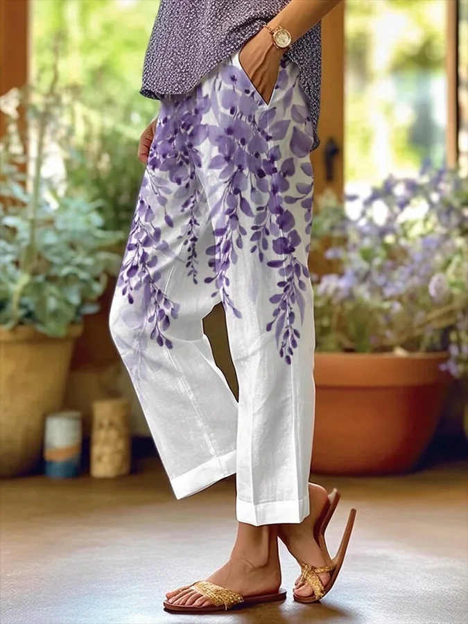 Women's Art Floral Loose  Pockets Casual Pants