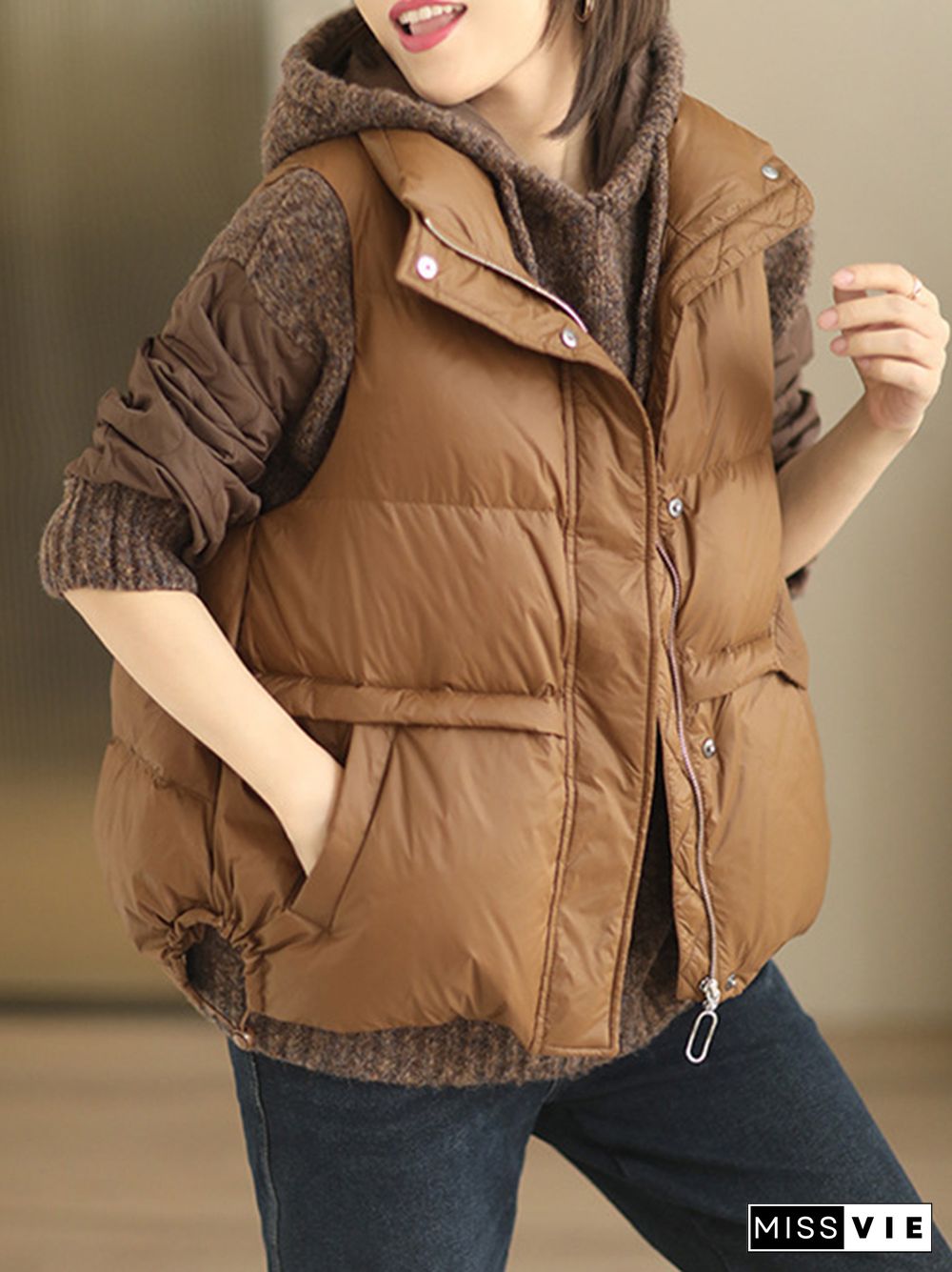 Original Creation Loose Sleeveless Solid Color Zipper High-Neck Vest Outerwear