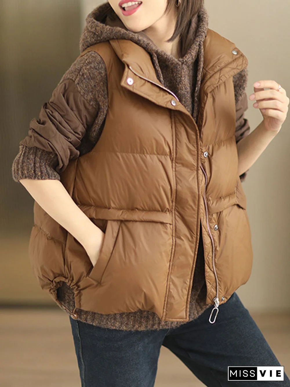 Original Creation Loose Sleeveless Solid Color Zipper High-Neck Vest Outerwear