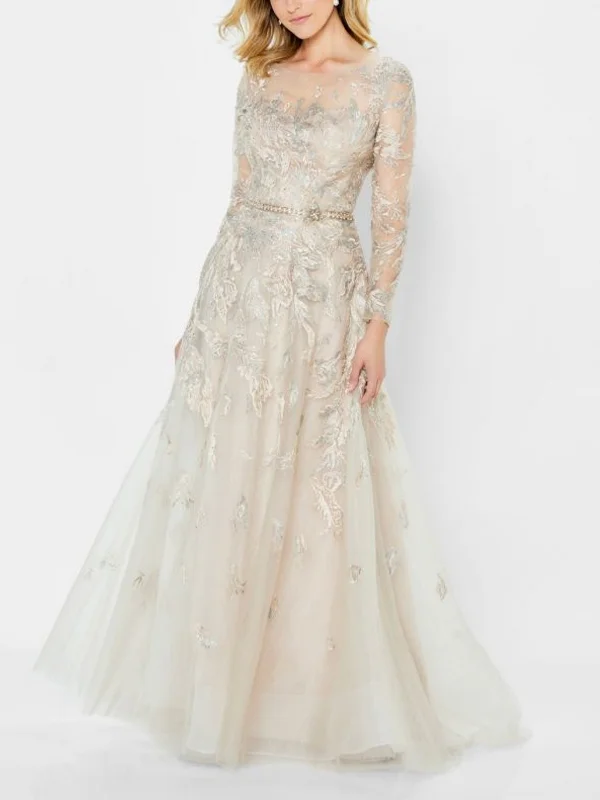 Round Neck Solid Color Lace Long Sleeves Maxi Dress