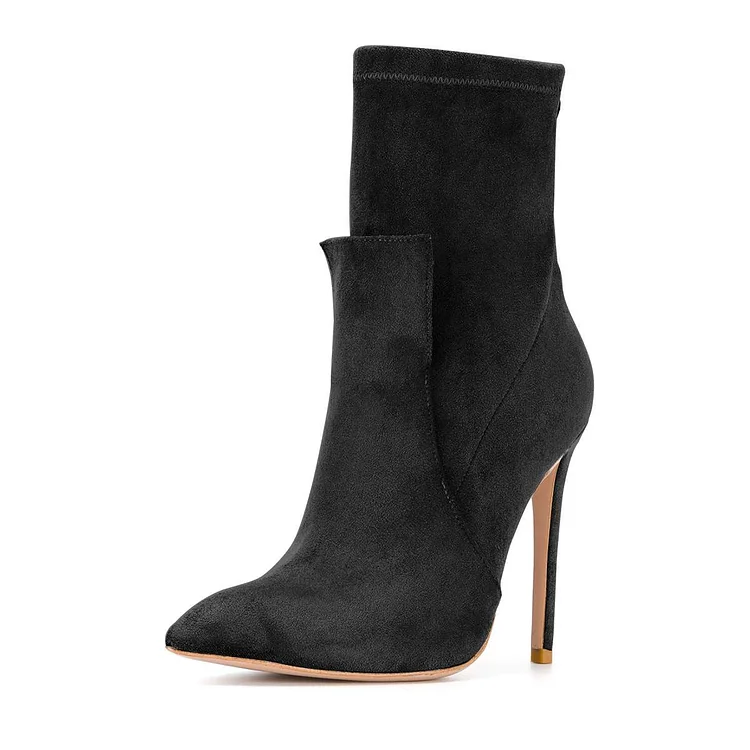 Black Vegan Suede Stiletto Heel Pointed Toe Ankle Boots with Zipper |FSJ Shoes