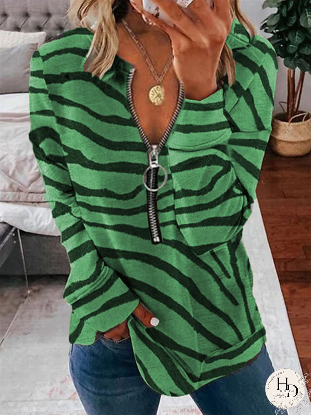 Vintage Zebra Printed Long Sleeve Zipper V Neck Plus Size Casual Sweatshirts