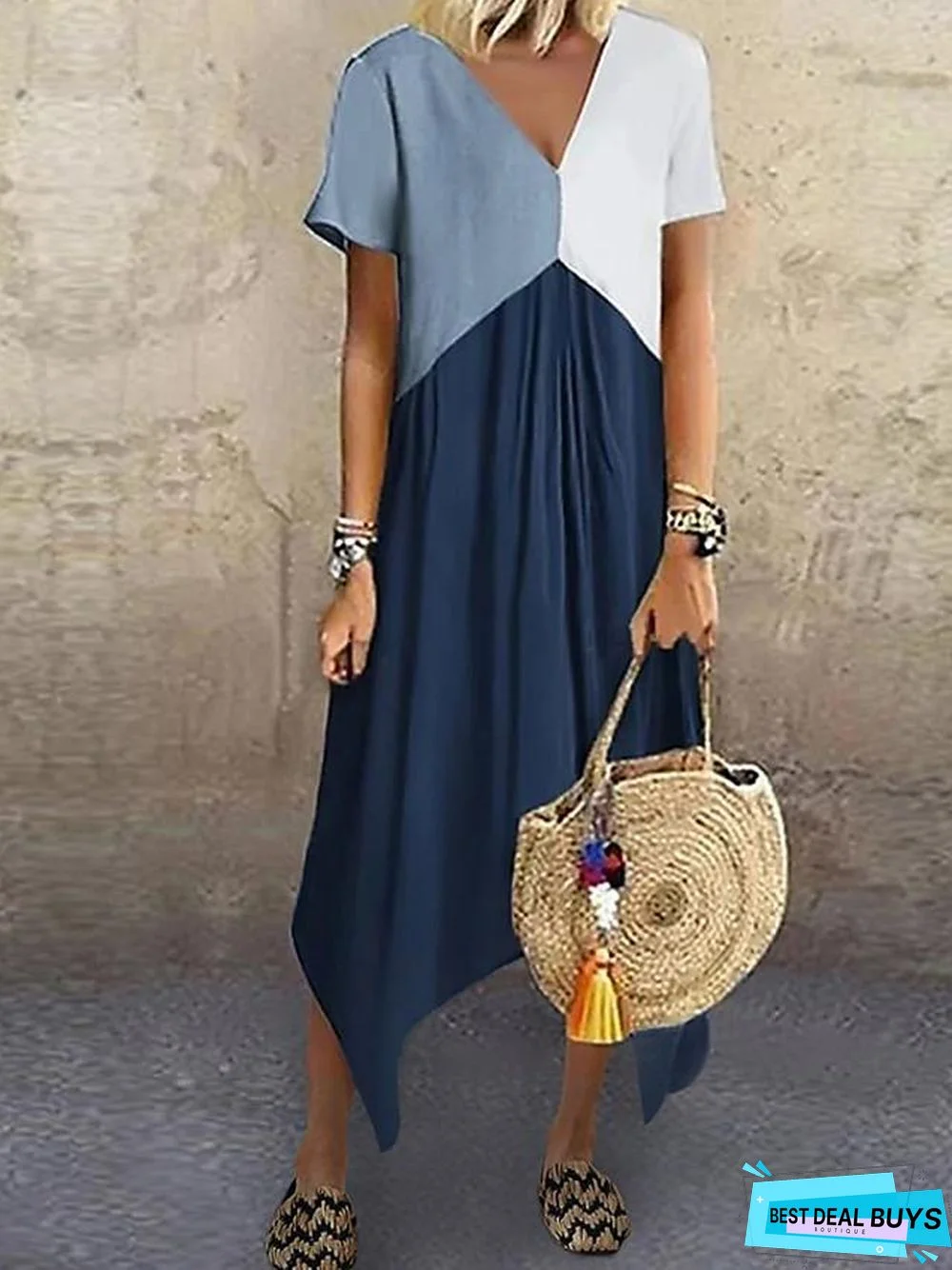 Women's A-Line Dress Midi Dress - Short Sleeve Color Block Color Block Spring & Summer V Neck Stylish Hot Red Green Gray Light Blue