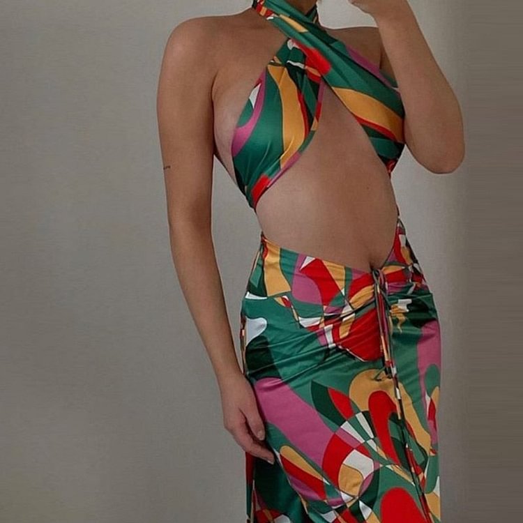 2022 Sexy Print Tracksuit Woman Two Piece Boho Outfit Suits Halter Bandage Tanks And Ruched Drawstring Midi Skirts Matching Sets - BlackFridayBuys