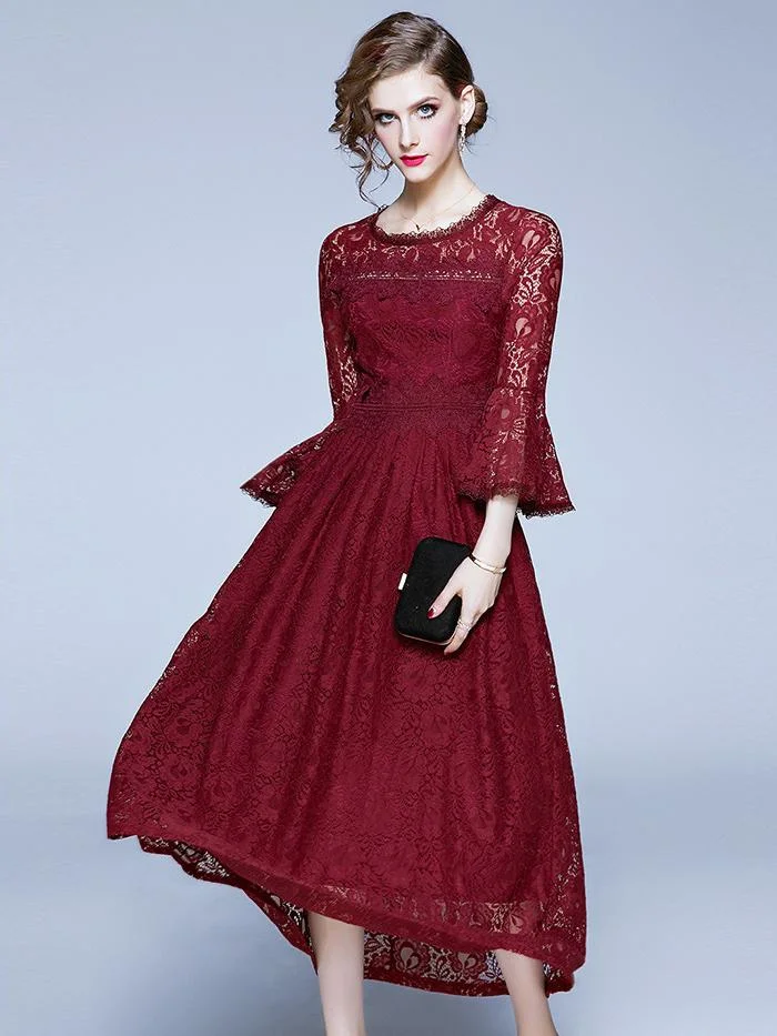 Temperament lace long sleeve long dress