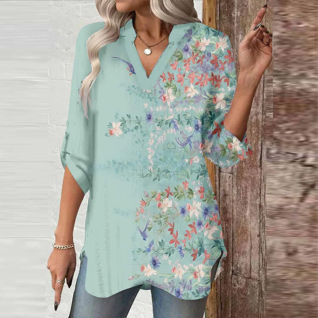 Women Floral, Green, Red DZGA0612 3/4 Sleeve V-neck Printed Graphic Button Tops