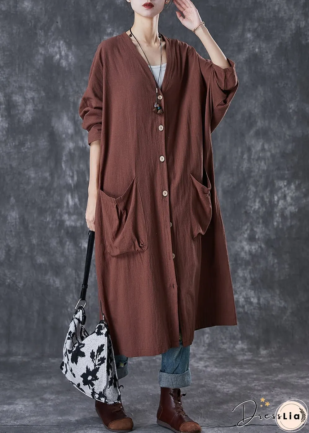 Modern Chocolate Oversized Pockets Linen Trench Spring