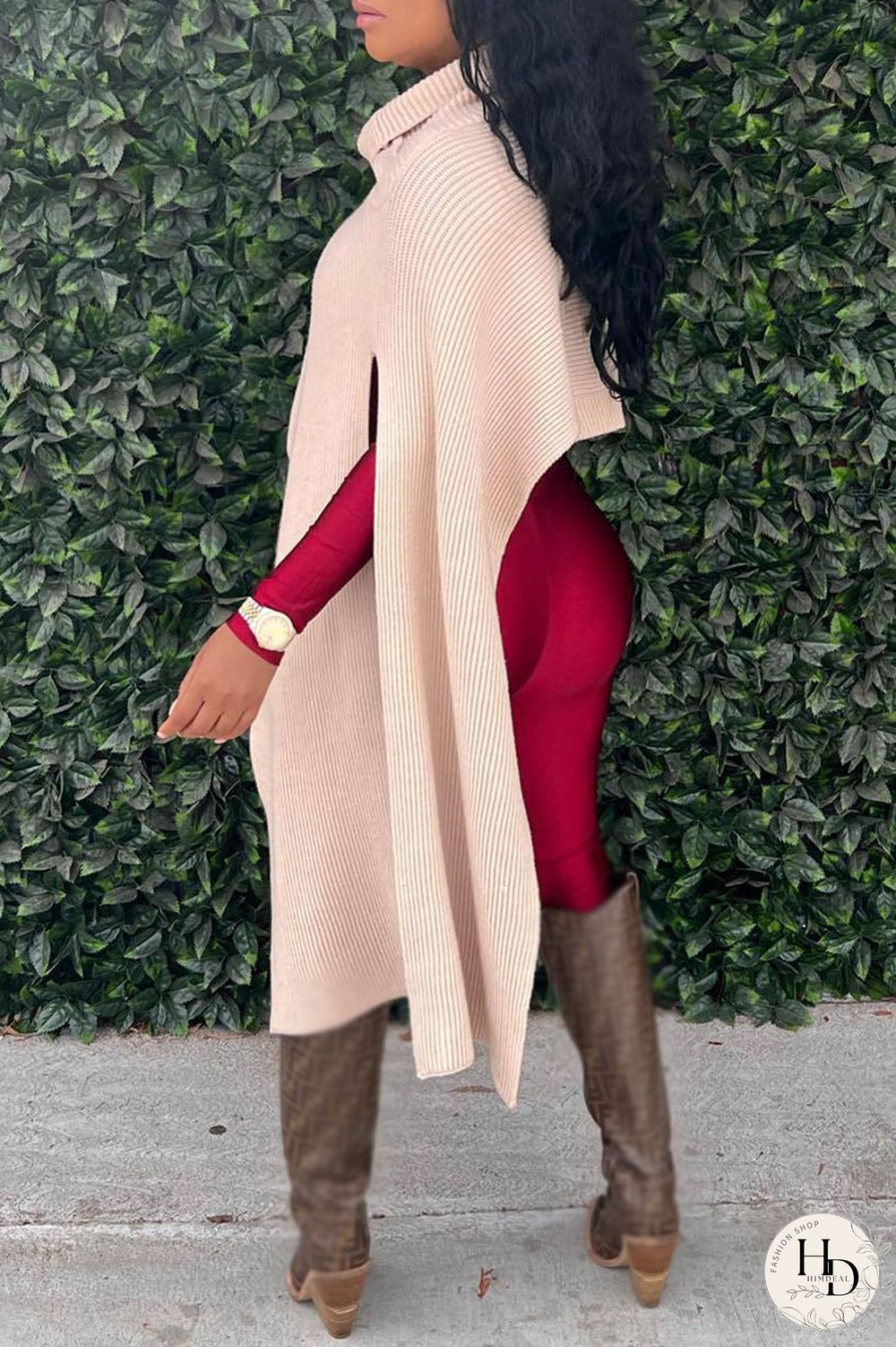 Red Street Solid Patchwork Slit Asymmetrical Turtleneck Tops