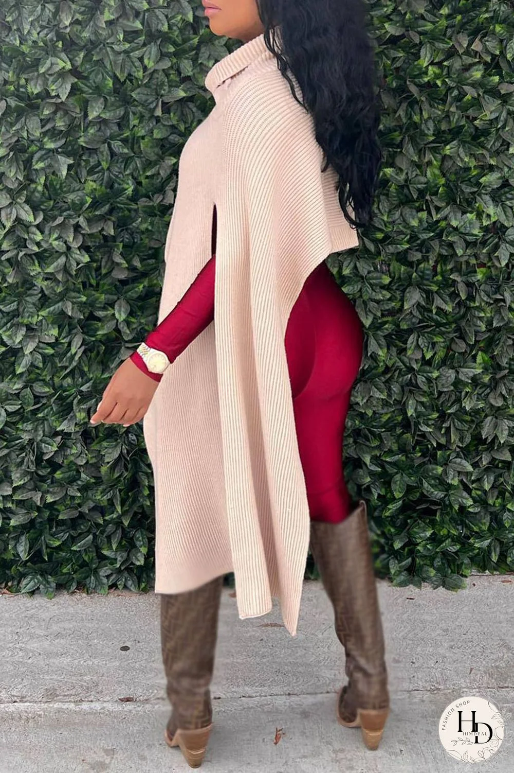 Red Street Solid Patchwork Slit Asymmetrical Turtleneck Tops