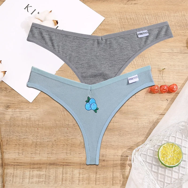 FINETOO 2/3PCS Women Lingerie Fruit Embroidery Panties G-string Sexy Low Rise Cotton Thongs Girl Underwear V-Waist Female Pantys