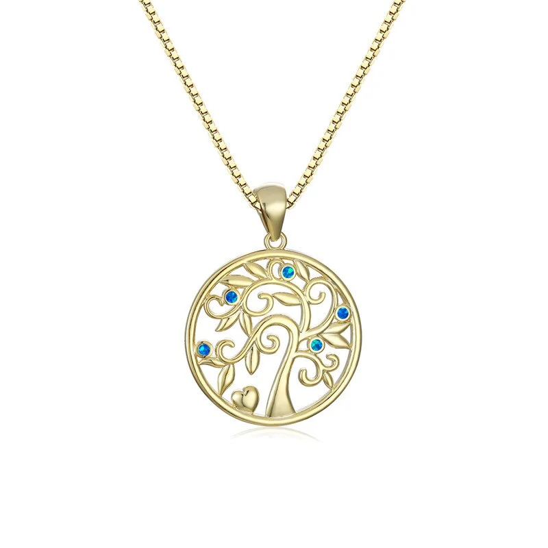 Boho Blue White Opal Stone Necklace Female Life Tree Pendant Necklace Yellow Gold Silver Color Chain Necklaces For Women