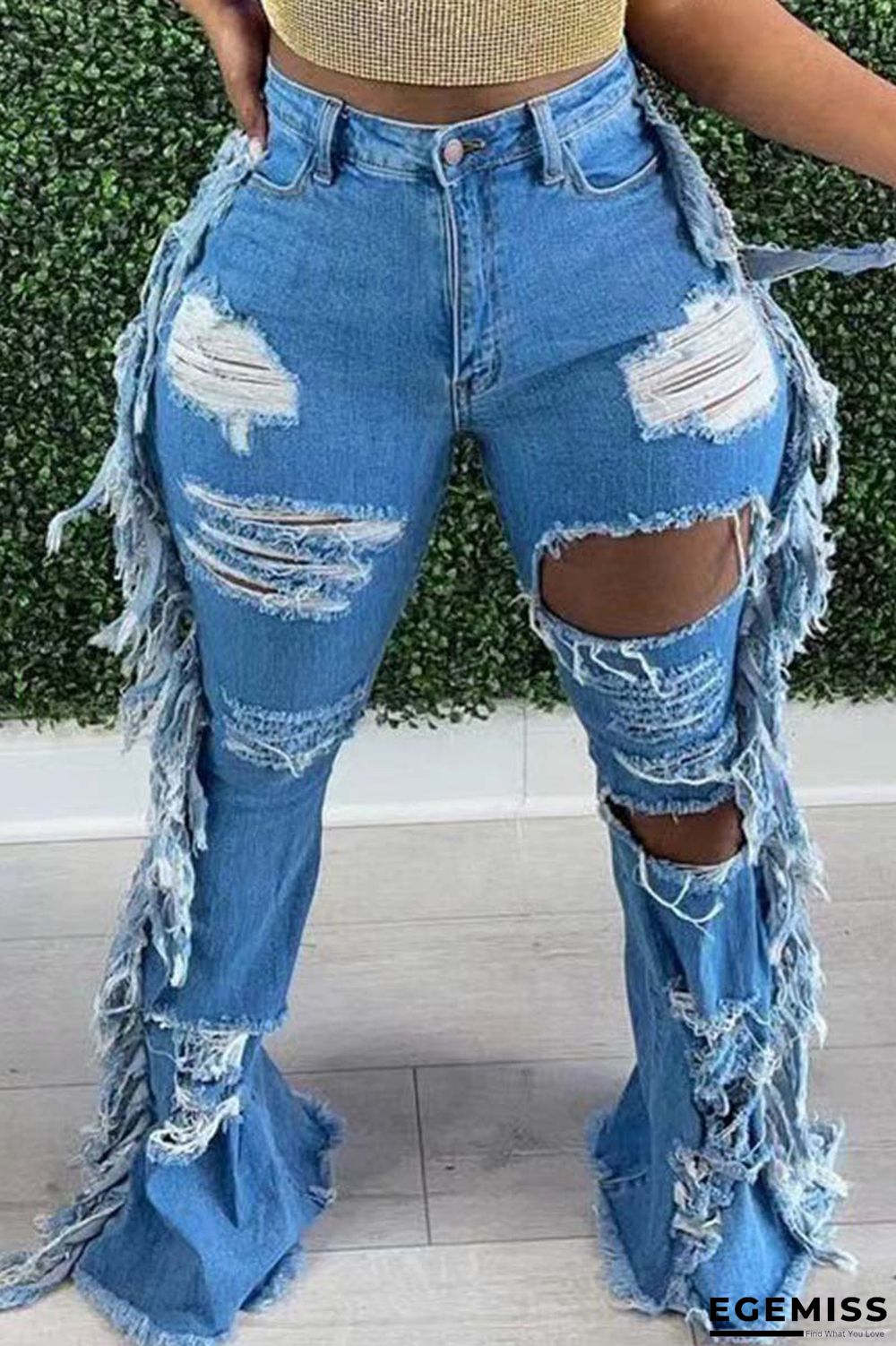 Baby Blue Fashion Casual Solid Tassel Ripped High Waist Regular Denim Jeans | EGEMISS