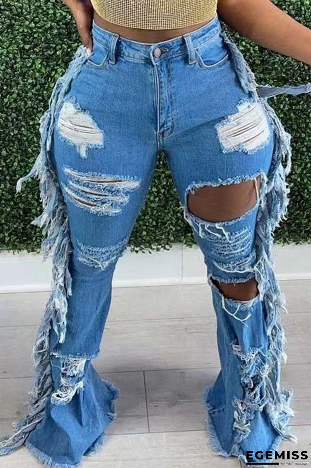Baby Blue Fashion Casual Solid Tassel Ripped High Waist Regular Denim Jeans | EGEMISS