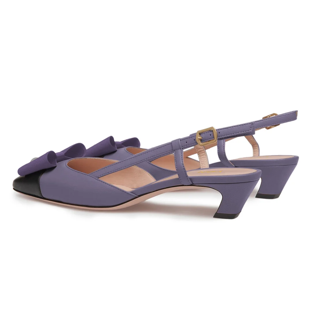 YDN Purple Square Cap Toe Bow Pearl Slingback Chunky Heels
