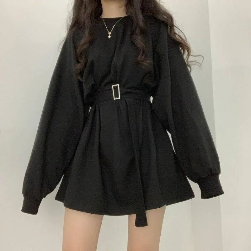 Christmas Gift Casual Gray Streetwear Sweatshirt Women Spring Autumn 2023 Korean Fashion Long Sleeve Loose Slim Gothic Goth Top Belt 1202