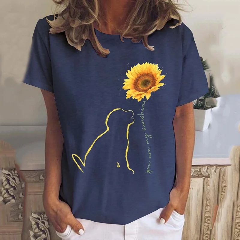 Dog Sunflower Print T-Shirt