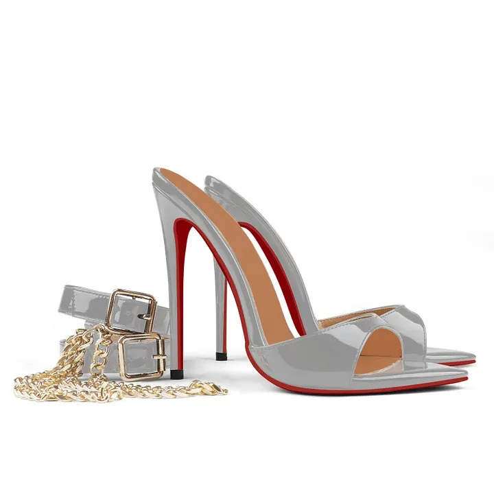 120mm Women's Sandals Removable Chain Ankle Strap Pointed Toe Mules Heels-vocosishoes