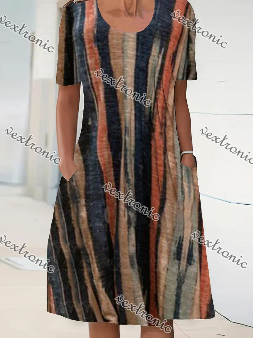 Women's Short Sleeve Scoop Neck Striped Graphic Midi Dress