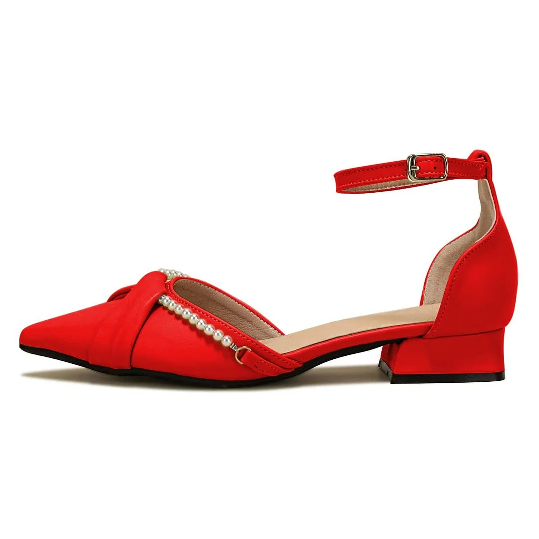 Fashion Pointed Toe Flat Buckle Ankle Strap Red Pumps with Pearl