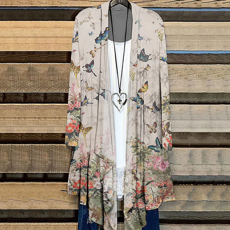 Comstylish Vintage Floral Butterfly Print Long Sleeve Cardigan