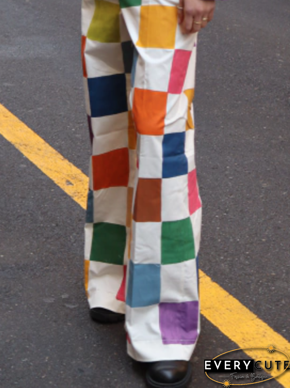 Loose Contrast Color Plaid Casual Pants Bottoms