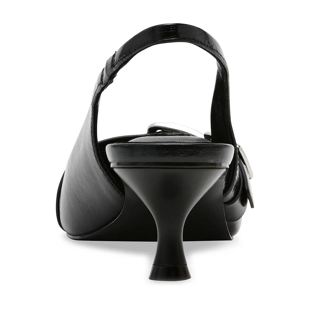 Buckle Strap Pointed Toe Kitten Heel Slingback Shoes in Black