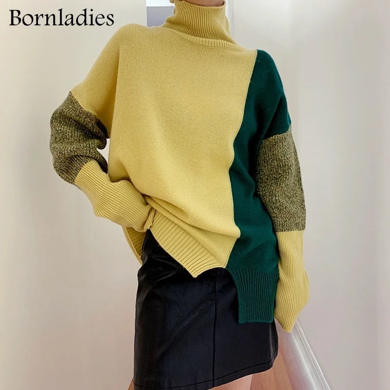 Bornladies 2022 Autumn Winter Loose Color Contrast Pullover Basic Warm Sweater for Women Soft Kniited O Neck Sweater Women Pull