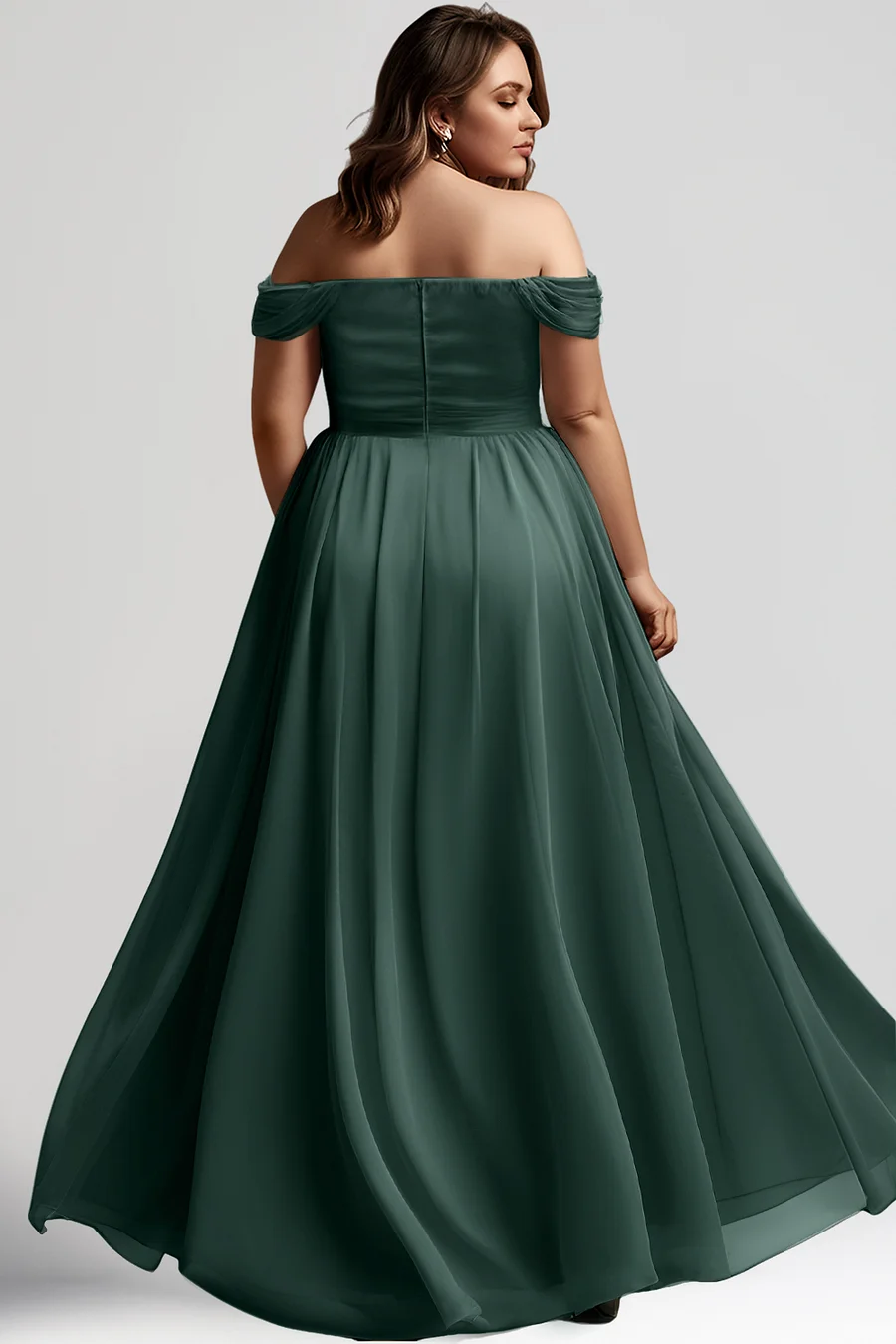 Flycurvy Plus Size Bridsmaid Dark Green Chiffon Wrap Slit Off The Shoulder High Low Hem Maxi Dress