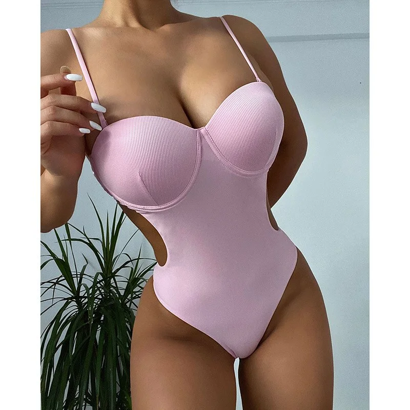 INGAGA Push Up One Piece Swimsuits Cut Out Swimwear Women 2022 Backless Bathing Suits Solid Monokini Bodysuit High Cut Beachwear