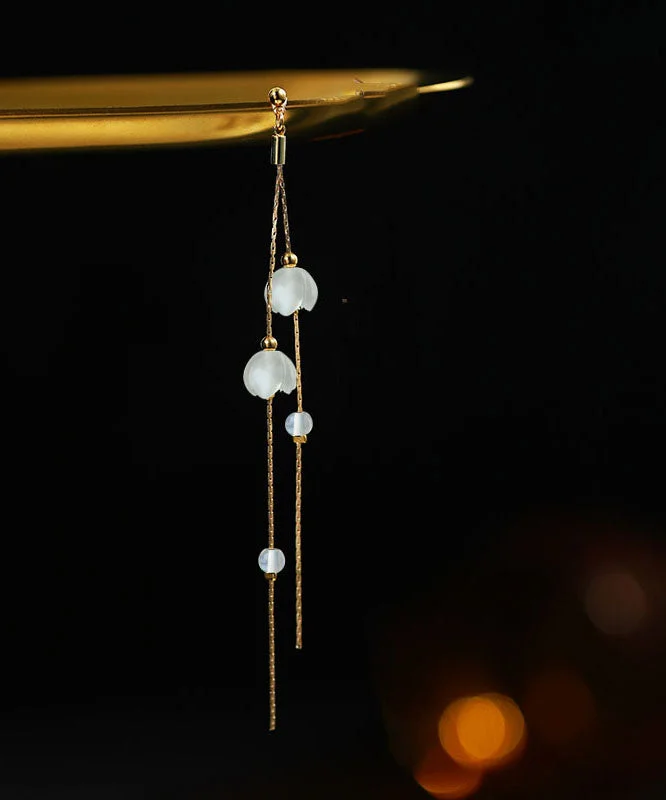 Handmade White Sterling Silver Inlaid Gem Stone Tassel Drop Earrings