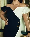 V Cut Color Block Button Detail Wrap Dress