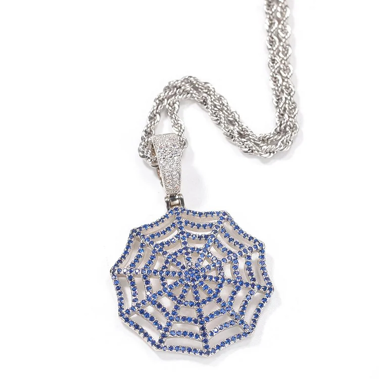 Iced Out CZ Spider Cobweb Design Pendant Necklaces-VESSFUL