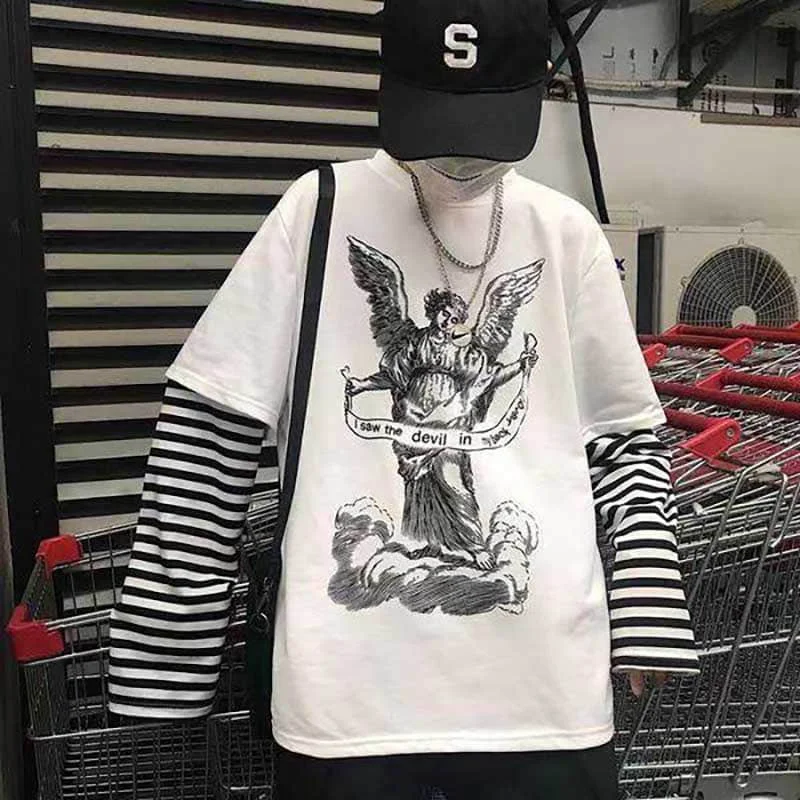 NiceMix Harajuku Streetwear Vintage White T Shirt Women Gothic Tops Kawaii Cartoon Funny Anime Printed Teen Girl Long Sleeve Tee