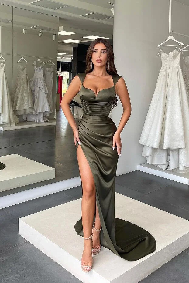 Bellasprom Cap Sleeves Mermaid Prom Dress Sweetheart Long Slit With Pleats