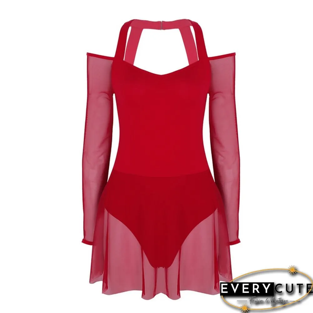 Women Adult Off The Shoulder Long Sleeve Halter Neck Mesh Bodysuit Ballet Dance Dress