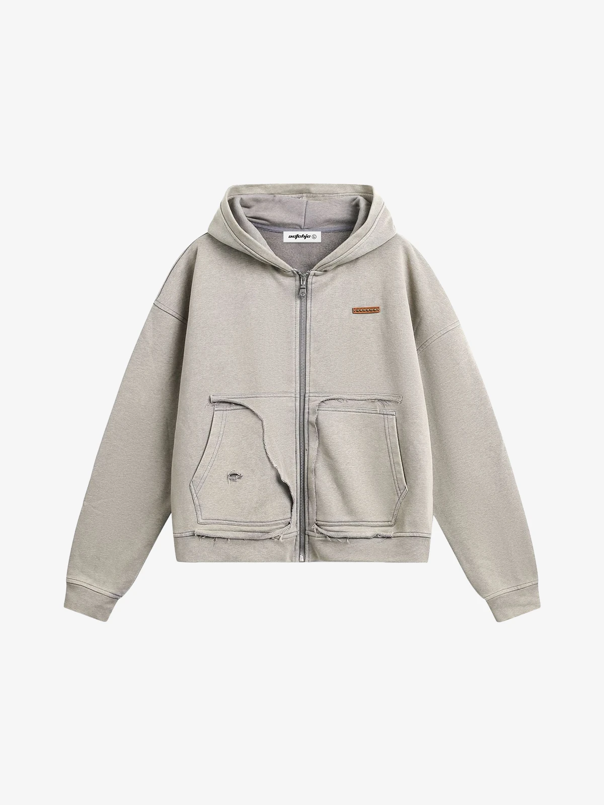 Grey Act Chic Distressed Pocket Zip-Up Hoodie Front