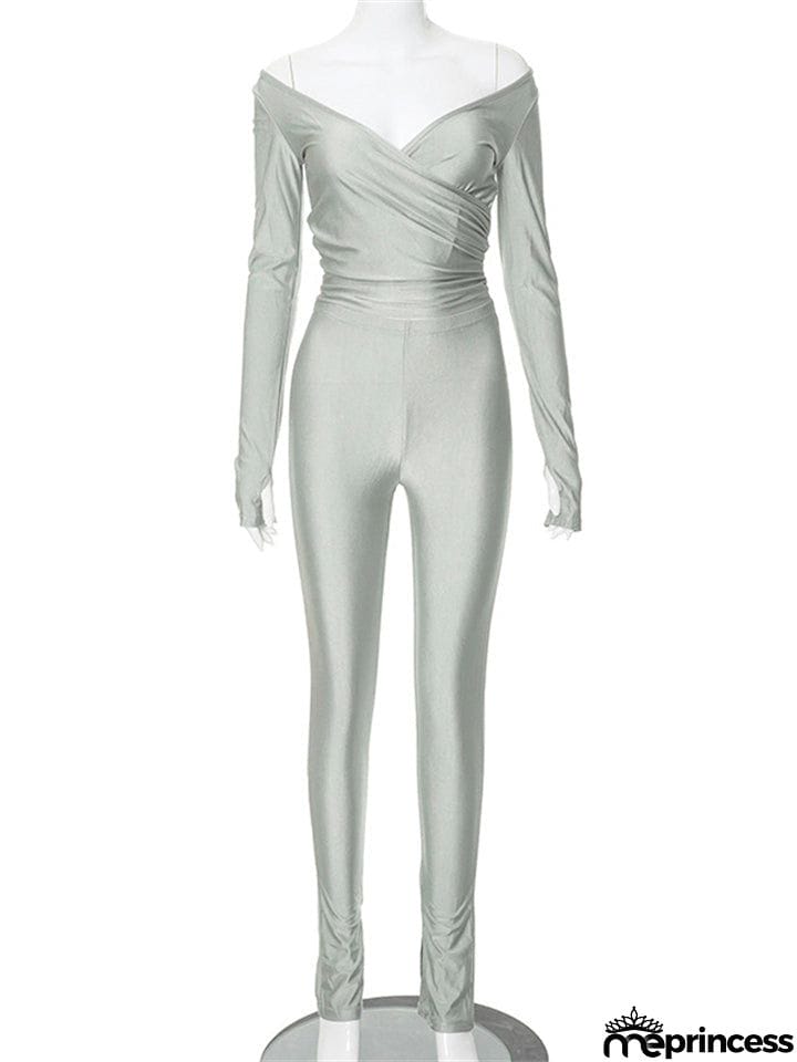 Ladies Sexy V Neck Pure Color Stretchy Shirt + Skinny Pants