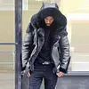 Men's Thick Leather Motorcycle Fur Hood Jacket Coat