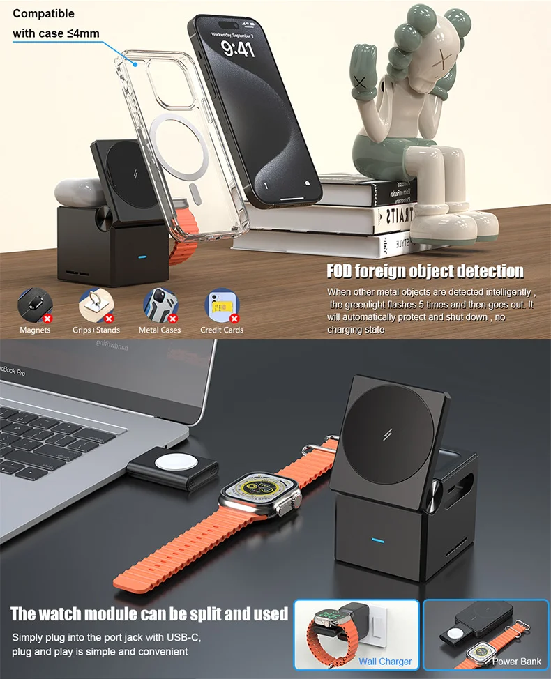 3 in 1 magnetic wireless desktop watch earphone mobile phone charger