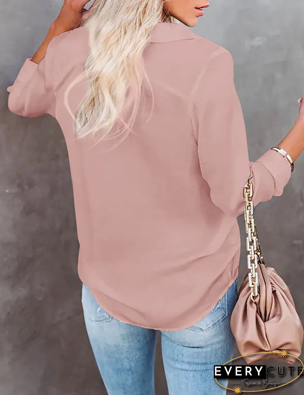 Pink Solid V Neck Buttoned Long Sleeve Shirt