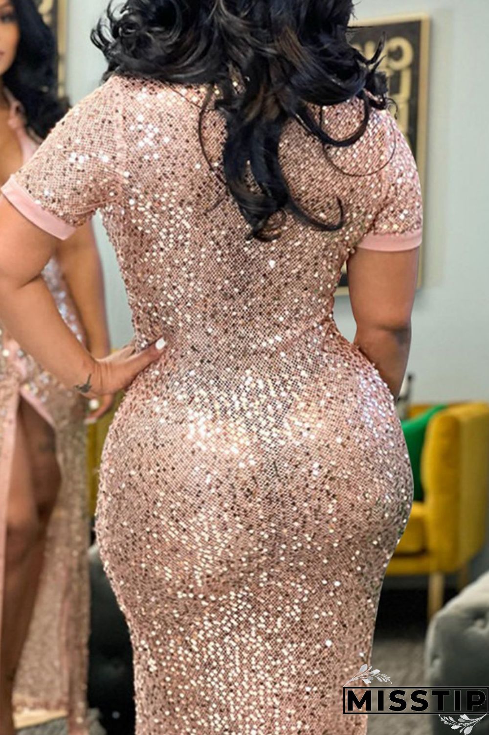 Champagne Sexy Patchwork Sequins Slit Turndown Collar Short Sleeve Dress Dresses