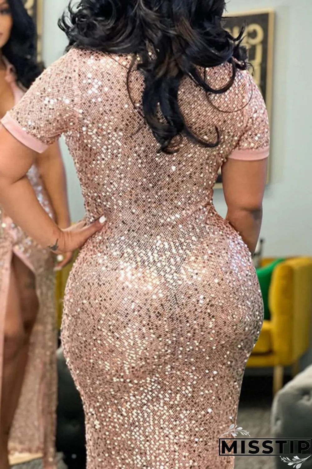 Champagne Sexy Patchwork Sequins Slit Turndown Collar Short Sleeve Dress Dresses