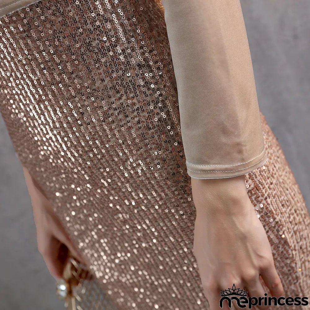 Formal Long Sleeve Patch Velvet Sequins Mermaid Evening Dress