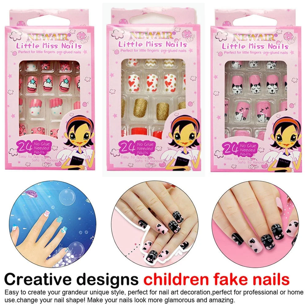 24Pcs/Set Press on Children Candy False Nail Tips Cartoon Full Cover Kid Pink Fake Nail Art for Little Girls Manicure Tool-Nail Inspo