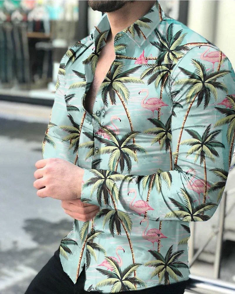 Men's Casual Hawaiian Printed Long Sleeve Shirt