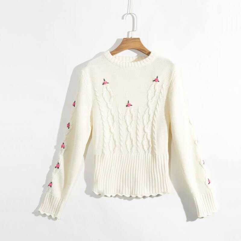 Spring and Autumn Women's Casual Solid Color Round Neck Long Sleeve Embroidered Sweater