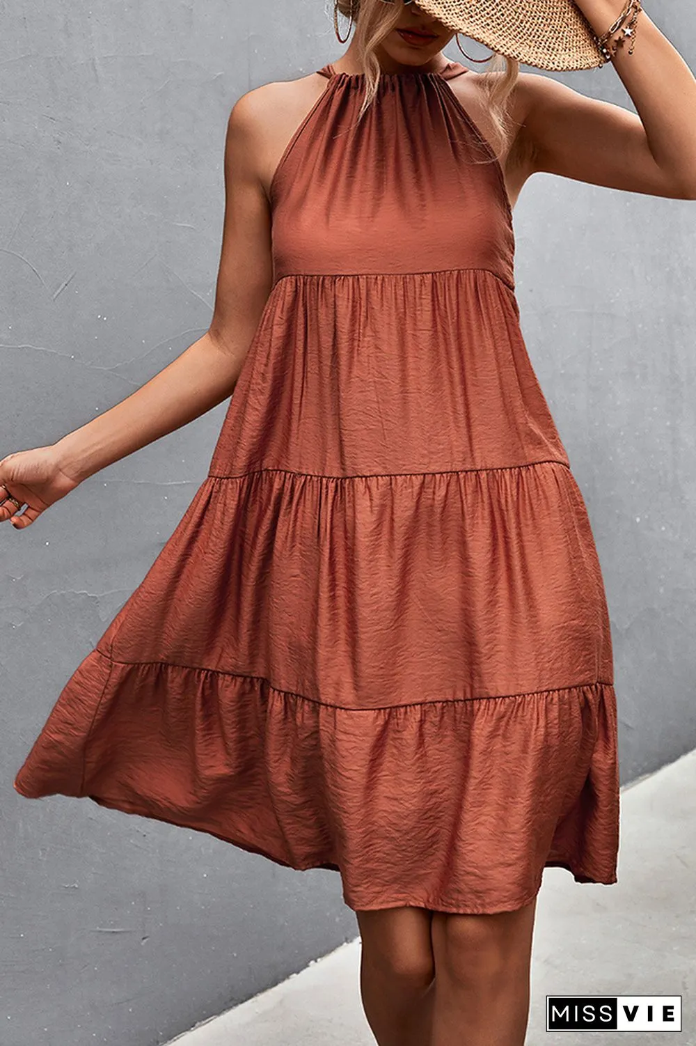 Solid Color Halter Sleeveless Midi Dress Wholesale