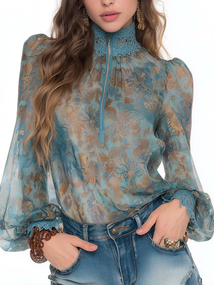 Boho Vintage Floral Print Lace High Neck Zip Front Puff Flare Long Sleeve Blouse